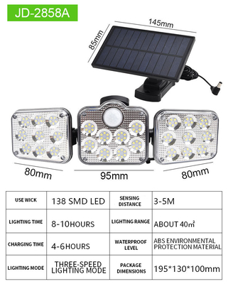 3 Head Led Solar Wall Lamp Outdoor With Motion Sensor 138 SMD 250w 200x135x115mm