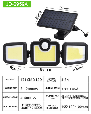 300w Pir Sensor Outdoor Solar LED Wall Lights 171 LED SMD 200x135x115mm